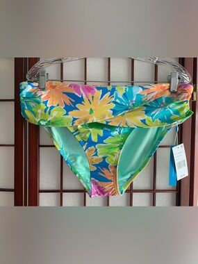 NWT Bleu Rod Beattie Multicolor Blue Floral Overlay Bikini Bottoms in Size 14